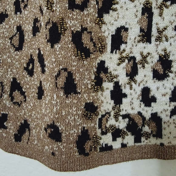 Lisa Originals Animal Print Gold Black Cream Beaded Knitted Blouse Top Sz L - Picture 6 of 14